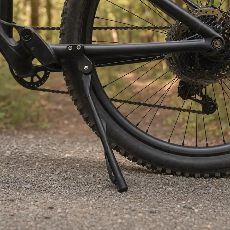 Adult mountain bike standing on its Kickaroo kickstand on a gravel trail