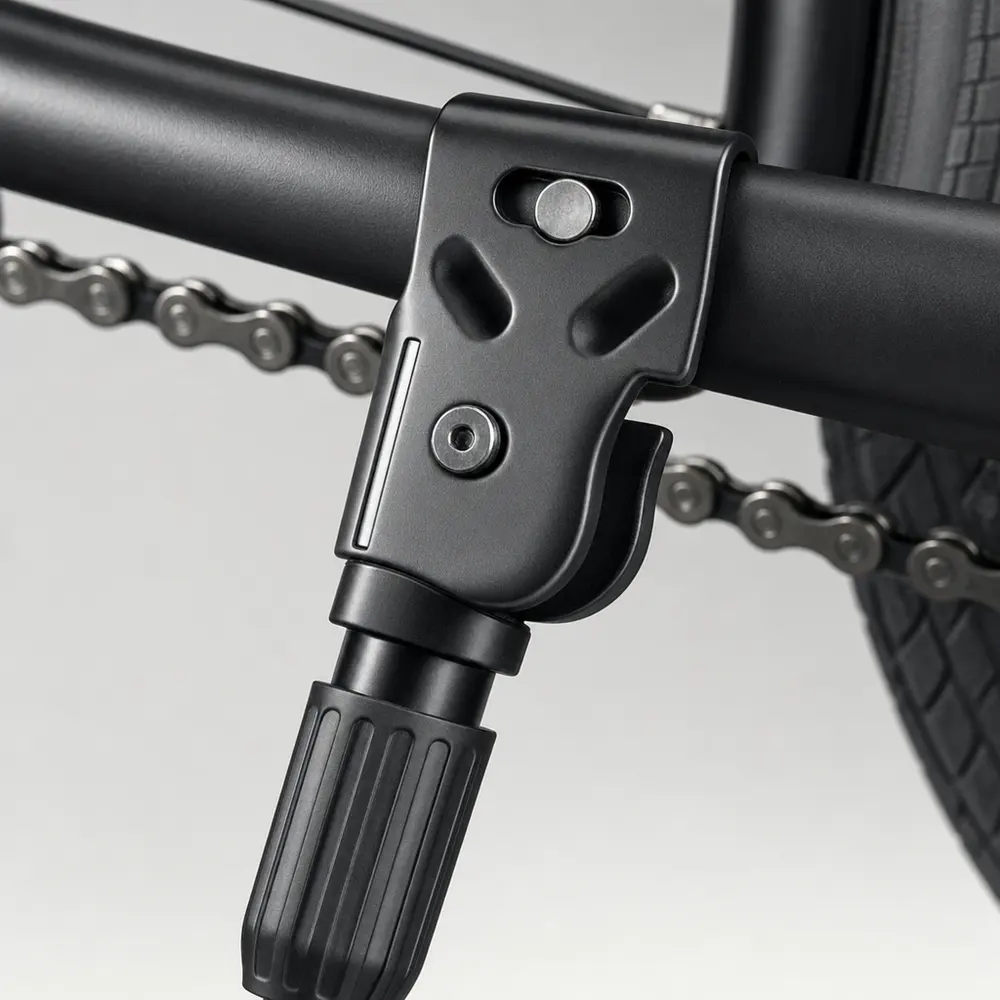 Close-up of the bolt-on clamp plate and rubber foot