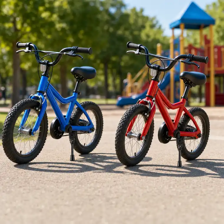 Two small children's bikes standing on their kickstands on a playground path