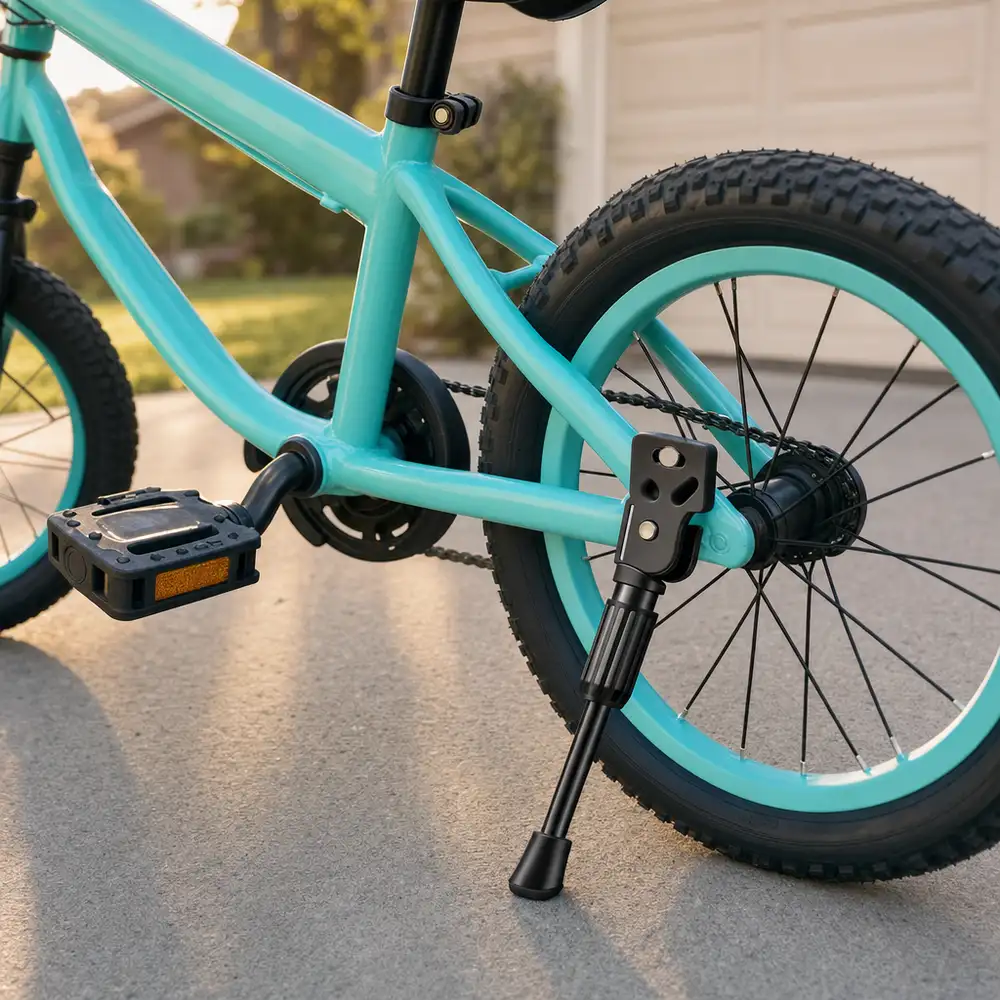 Kickaroo kickstand holding a child's blue 16 inch bike upright on a driveway