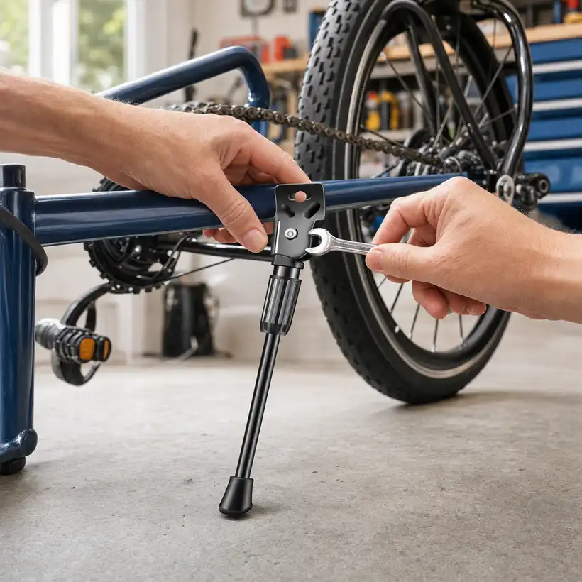 Hands using a wrench to bolt the kickstand plate onto a bike chainstay