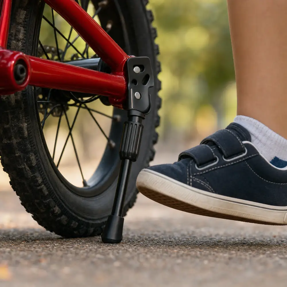 Child lowering the kickstand with one foot after a ride